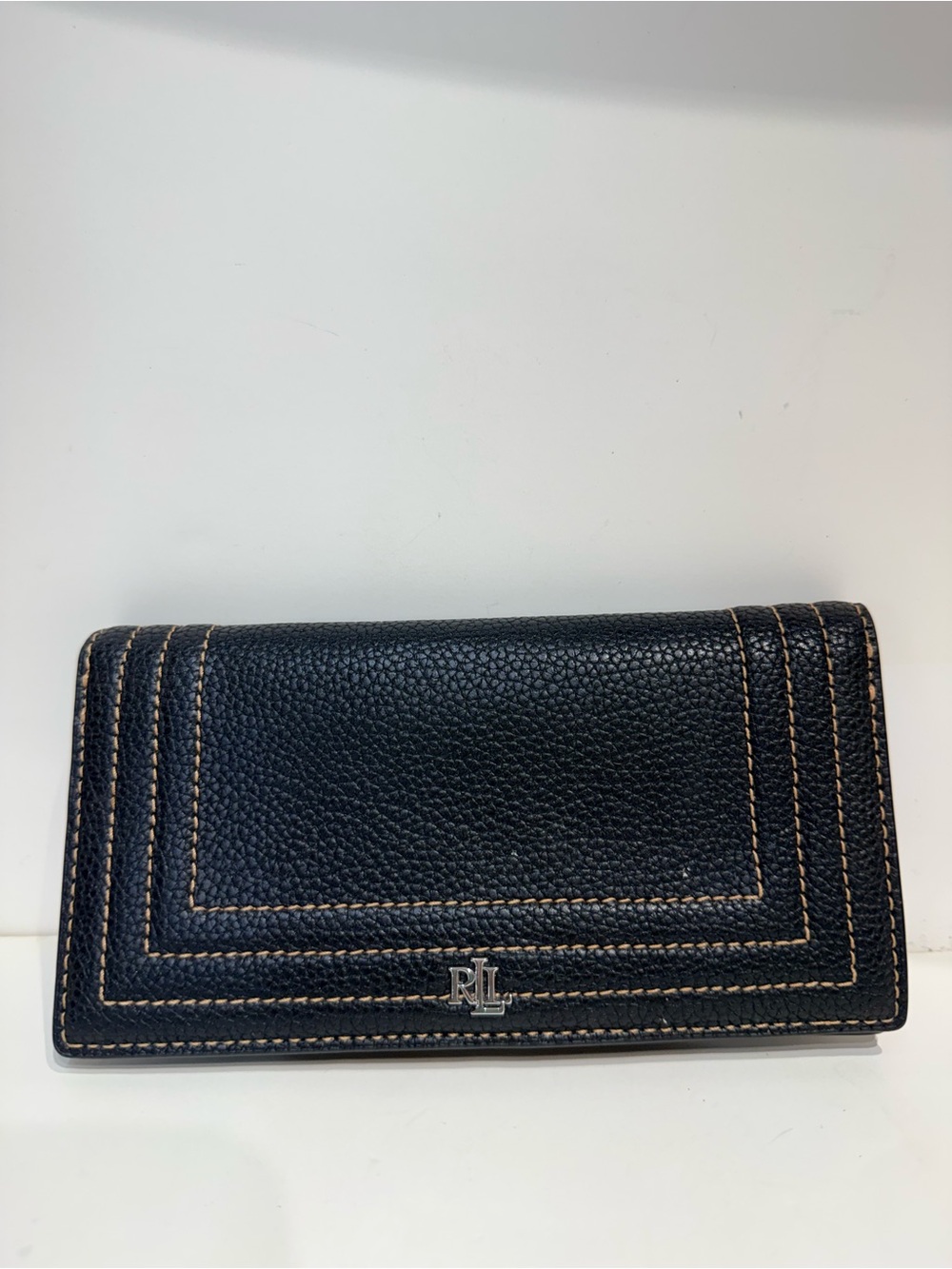 Ralph Lauren Black Pebbled Leather Continental Wallet with Contrast Stitching